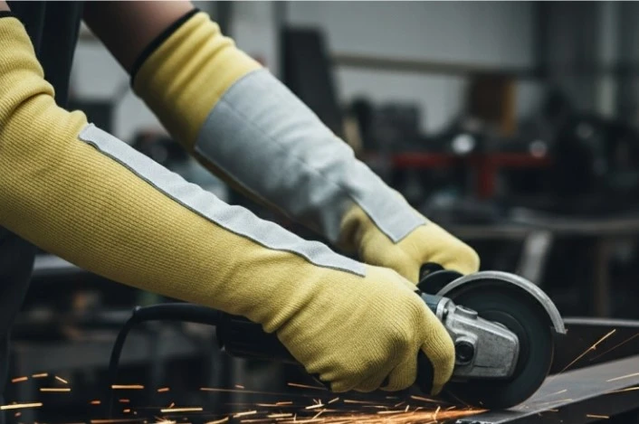 worker wearing cut-resistant sleeve handling metal sheets worker wearing cut-resistant sleeve handling metal sheets